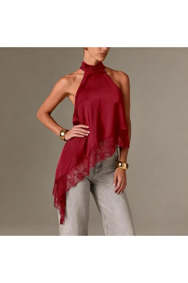 LUNA - Satin Lace Neckholder Top – Elegantes Abend Crop Top