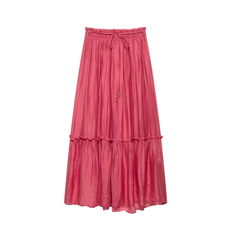 2025 Summer Women Red Folds Shirt Skirts Sets Lace Up Long Sleeves Shirts+High Waist Pleated Skirt Fashion Lady Outfits