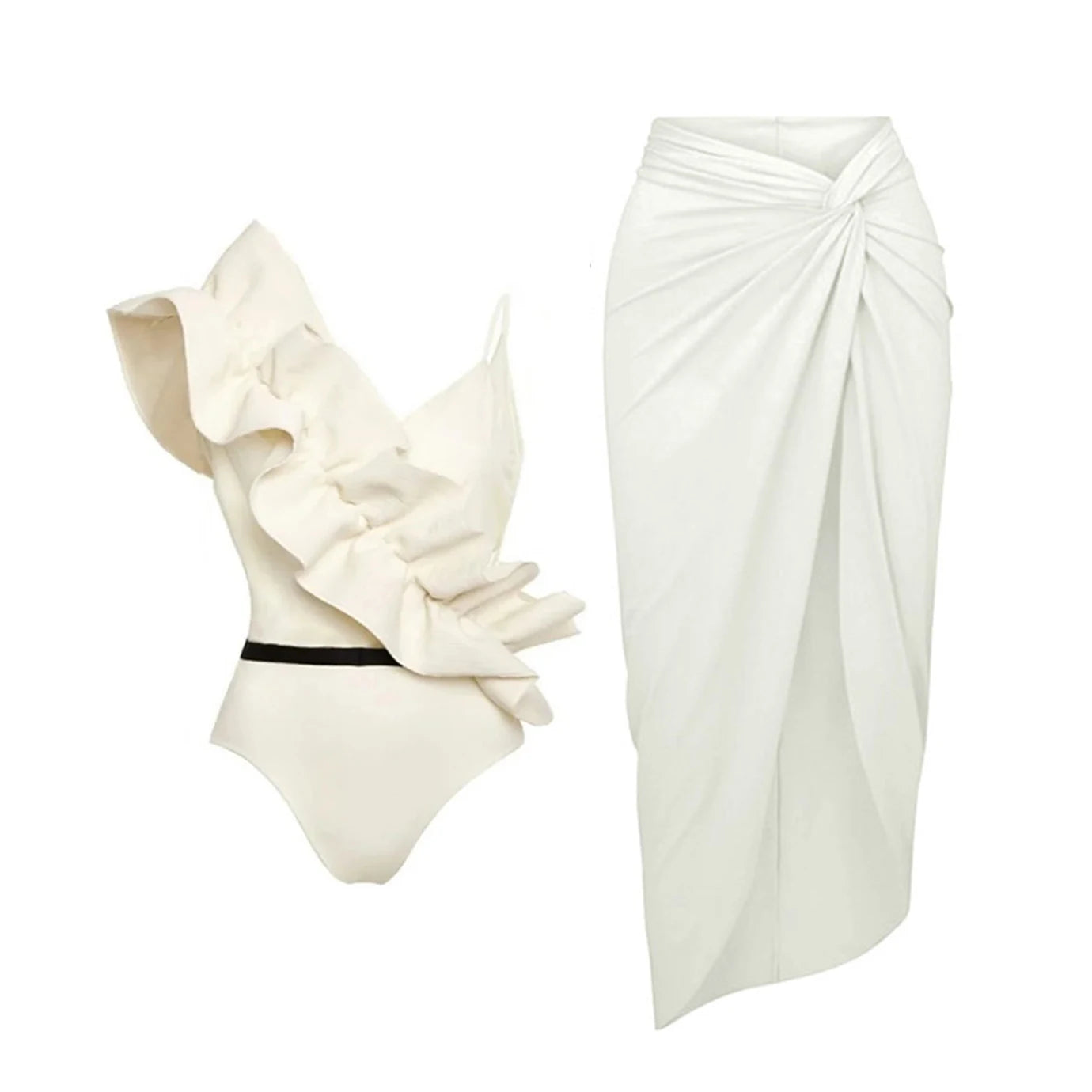 One Shoulder Ruffle Bikini Set With Cover Up White Belt Swimsuit Sexy Swimwear Women High Waist Biquini Bathingsuit Beachwear