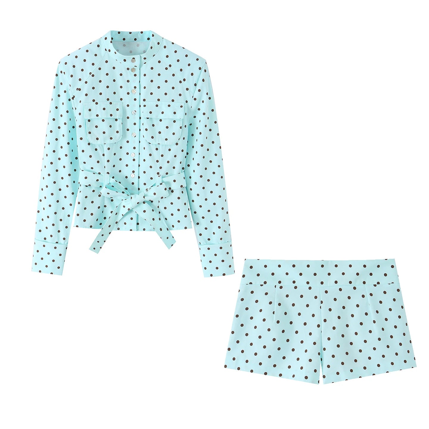 HH 2026 Spring Summer French Polka Dot 2 Piece Set Women Belted Long Sleeve Shirt Shorts Elegant Casual Business Outfit
