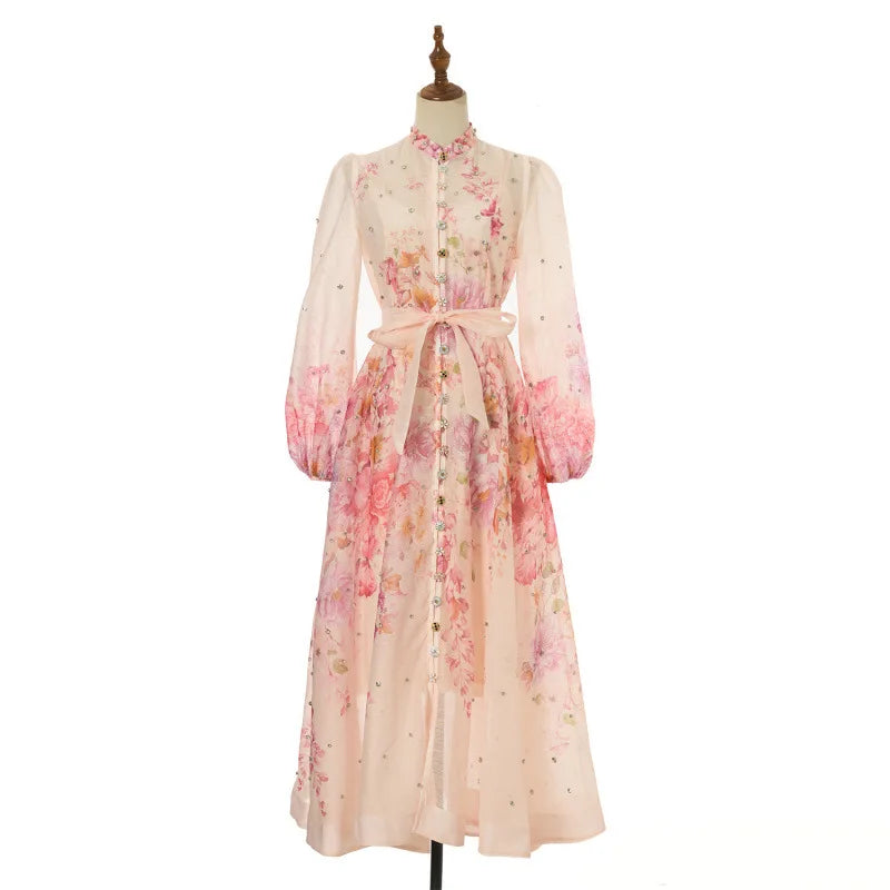 Spring Summer 2026 New Style Long Skirt Dress Women's Maxi Dress Diamond Floral Print High Waist Long Sleeve Street Style Ele...