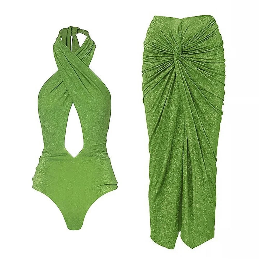 2025 New Swimsuit High-end Niche Design 2Pcs Halter Neck Glitter Fabric Holiday Sexy Hot Spring One Piece Swimsuit for Women