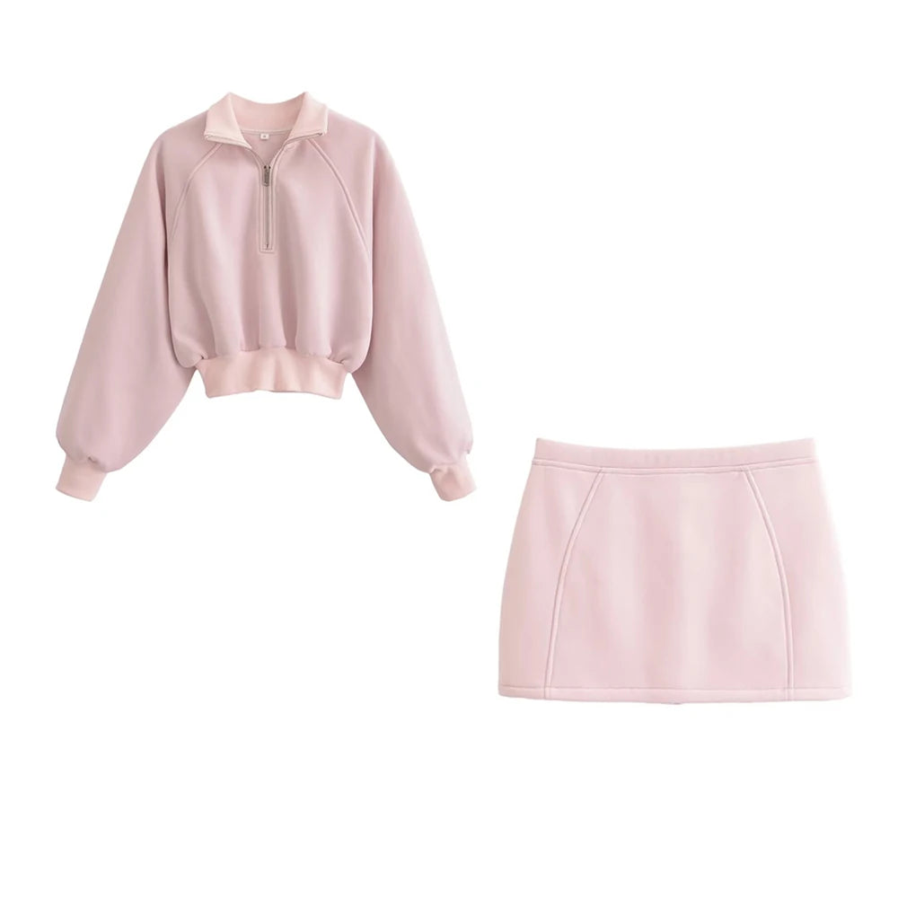 Frauen Mode Mit Zip Abgeschnitten Sweatshirt Und Mittlere Taille Zurück Zipper Mini Rock Weibliche Zwei Stück Sets Mujer