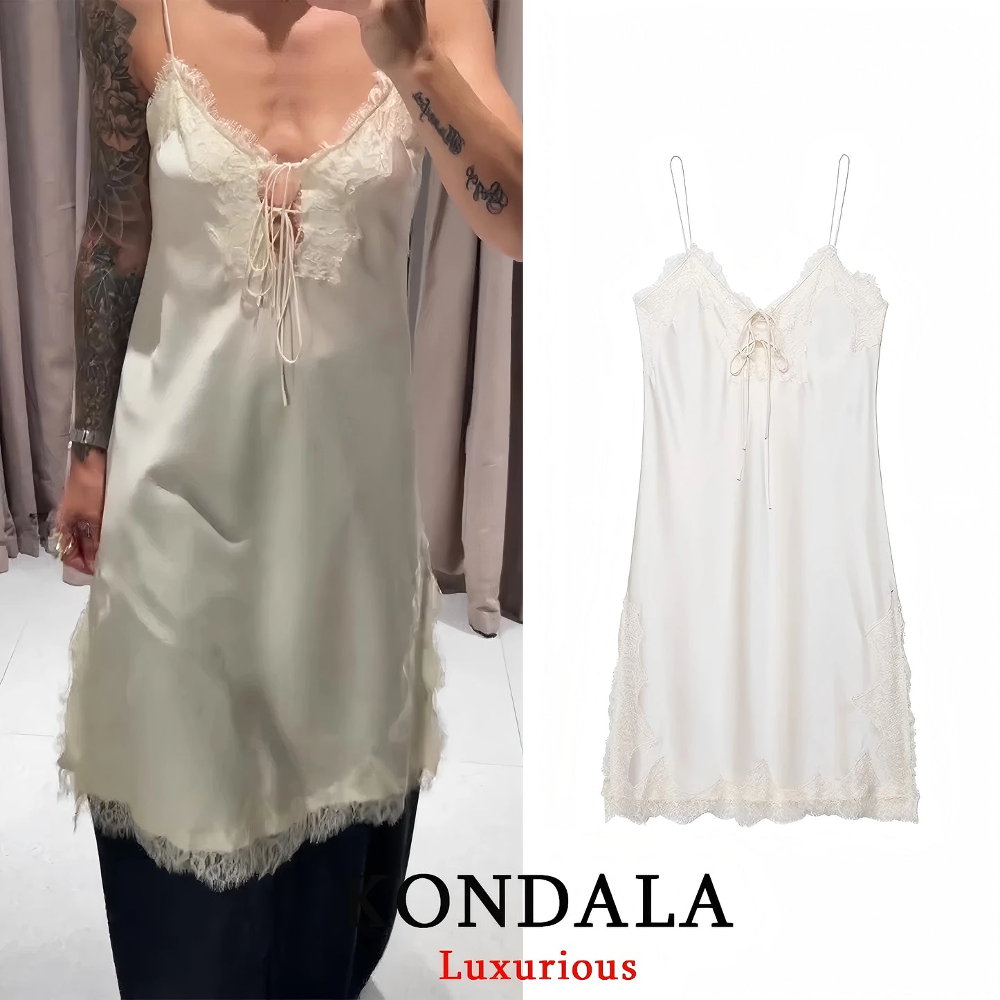 KONDALA Sexy Beach Holiday Lace Party Women Dress V Neck Cami Backless Midi Dress Fashion 2026 Y2K Girl Evening Club SummerDress