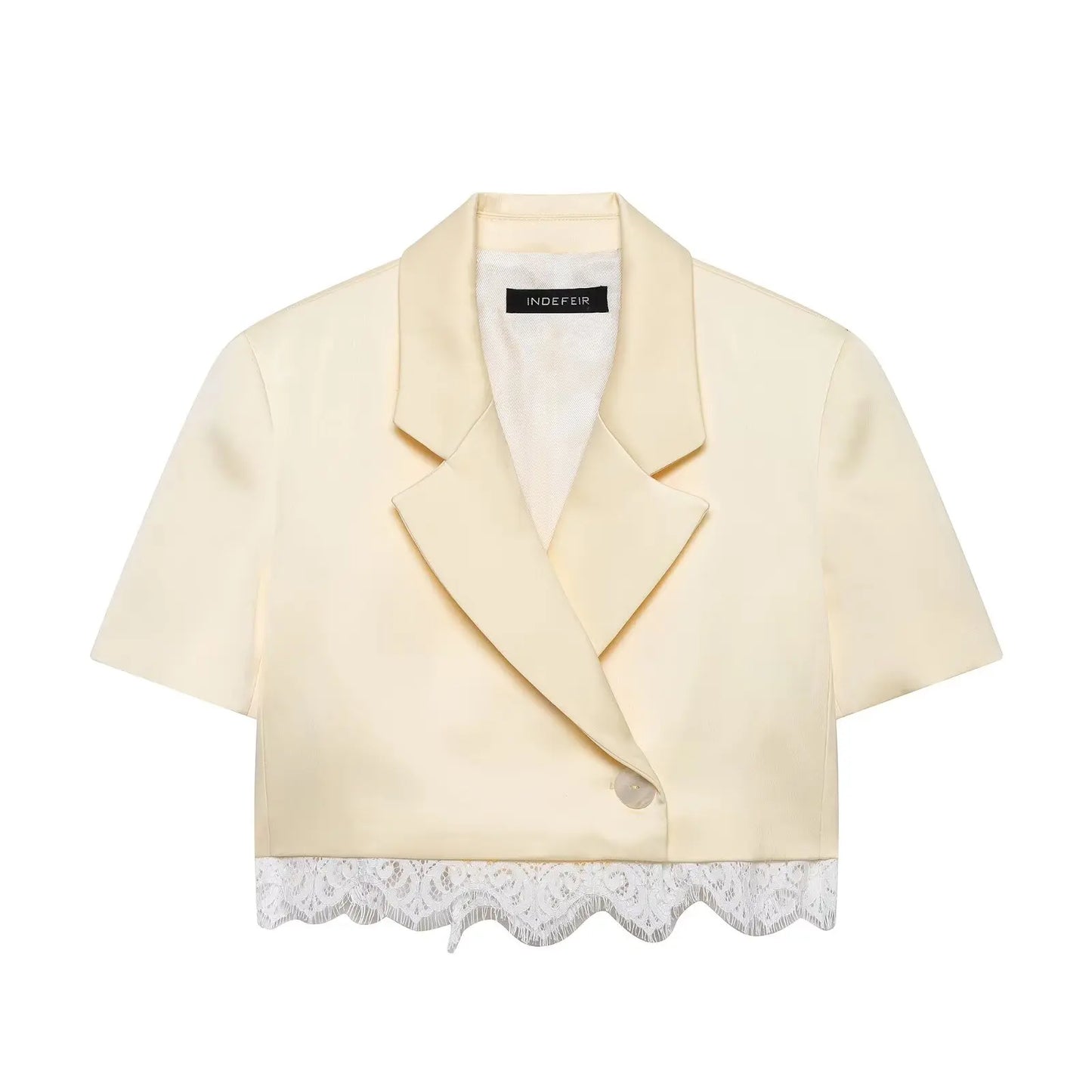 HH Lace Patchwork Culottes Two Piece Set Women's Summer Lace Paneled Short Sleeve Lapel Cropped Blazer+Casual Shorts Skirts