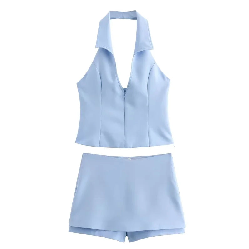 2-teiliges Sommer-Set für Damen, hohe Taille, Gesäßtasche, Miniröcke, Shorts, sexy V-Ausschnitt, ärmellos, rückenfrei, Hosenträger, Reißverschluss