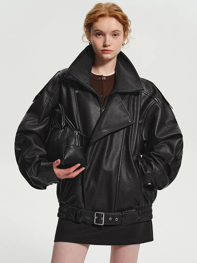 Lautaro Frühling Herbst Kühle Braun Übergroße Pu Leder Jacke Frauen Langarm Zip Up Luxus Designer Amerikanische Retro Kleidung