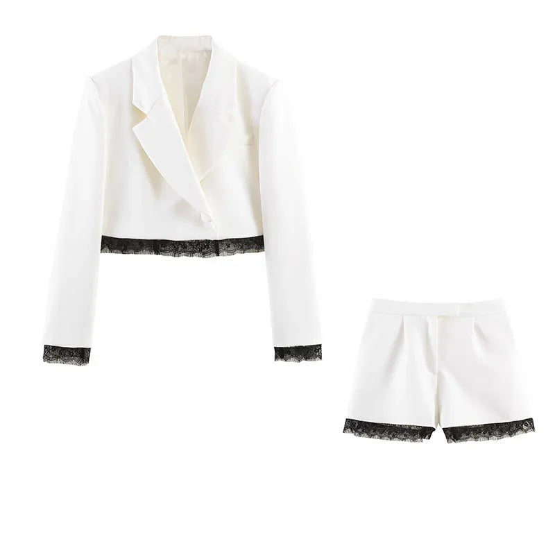 Fashion Women Lace Trim Cropped Blazer Shorts Suits Causal Slim Full Sleeve Coats High-waist Short 2026 New Ladies Solid Outwear