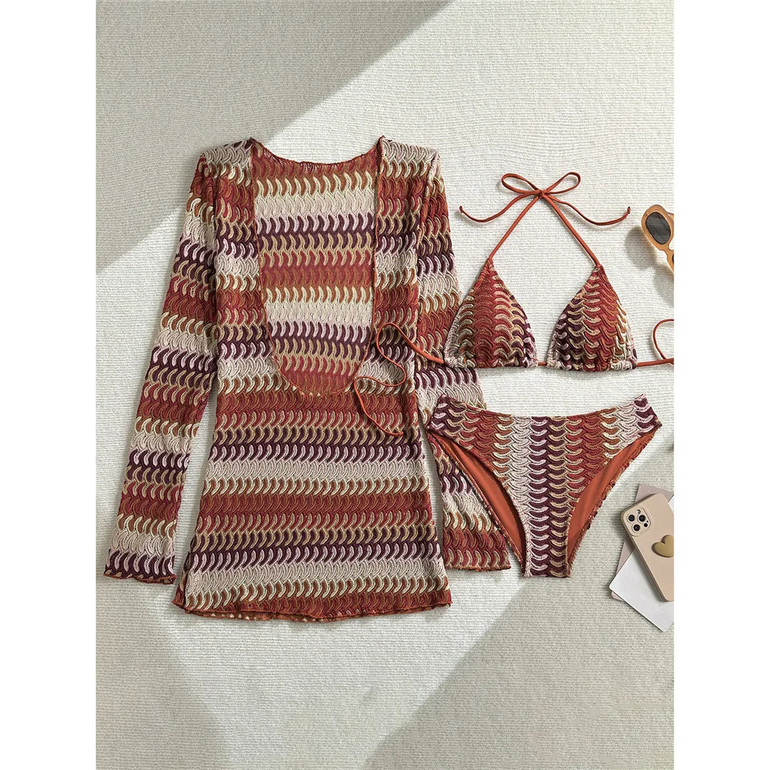With Long Sleeve Cover Up Printed Bikini Women Swimwear Female Swimsuit Three-pieces Bikini set Bather Bathing Suit Swim M167