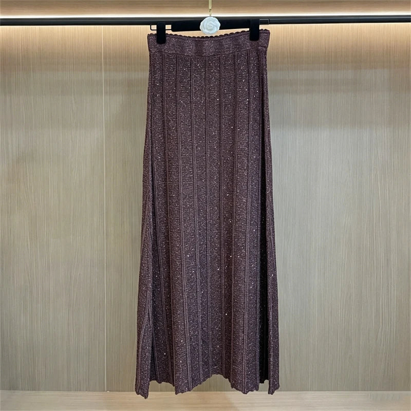 New Summer Women'sRound Neck Glitter Short SleeveStriped Knit Cardigan Set with High-Quality Elastic Waist Skirt (Two-Piece Set)