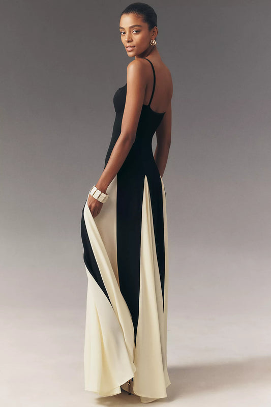 Elegantes Maxikleid in Schwarz-Creme – Zeitlose Abendmode mit femininer Silhouette