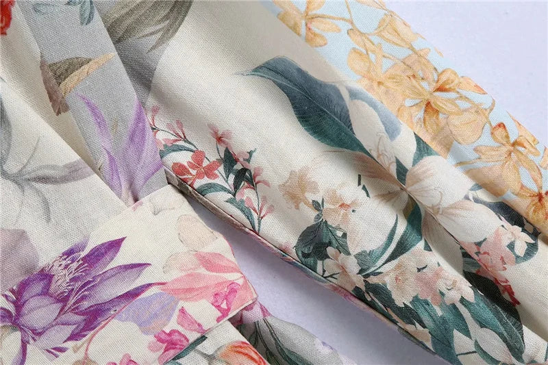Women Belt Floral Print Mini Dress Vintage Long Sleeve Button-Up Female Dresses Vestidos Mujer