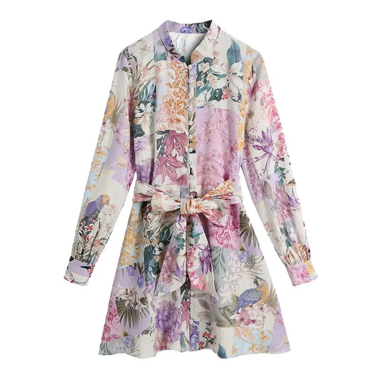 Women Belt Floral Print Mini Dress Vintage Long Sleeve Button-Up Female Dresses Vestidos Mujer