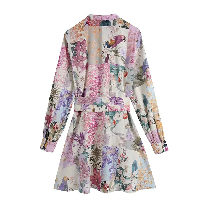 Women Belt Floral Print Mini Dress Vintage Long Sleeve Button-Up Female Dresses Vestidos Mujer