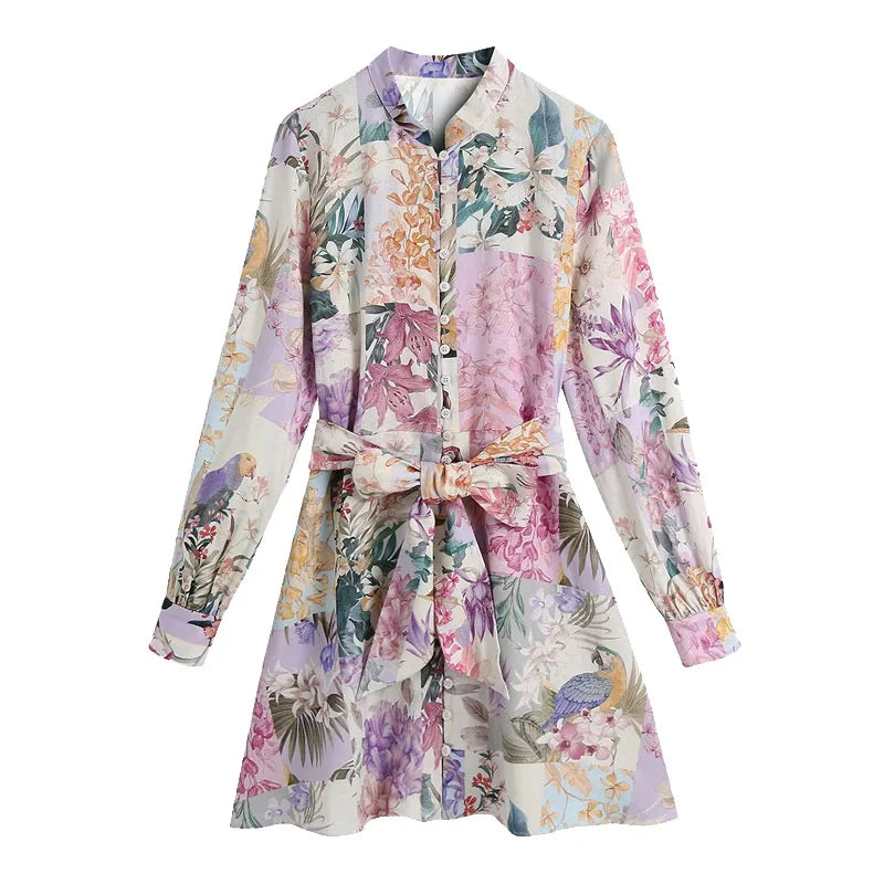 Women Belt Floral Print Mini Dress Vintage Long Sleeve Button-Up Female Dresses Vestidos Mujer