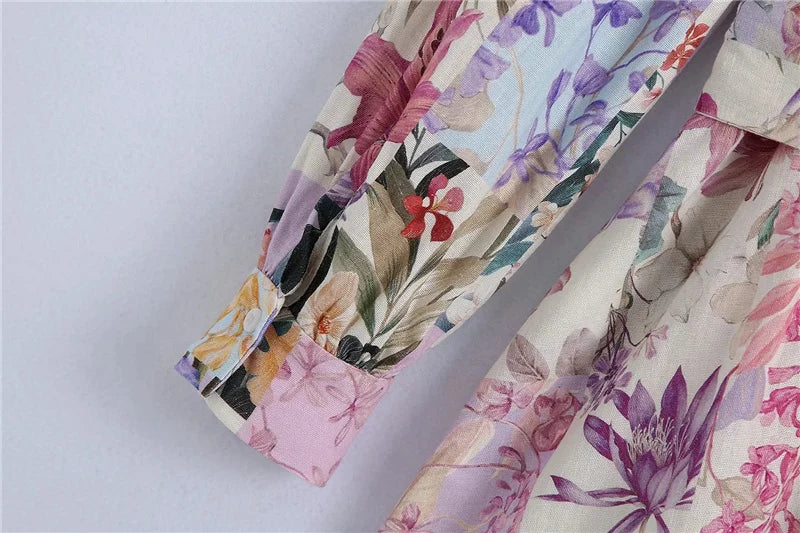 Women Belt Floral Print Mini Dress Vintage Long Sleeve Button-Up Female Dresses Vestidos Mujer