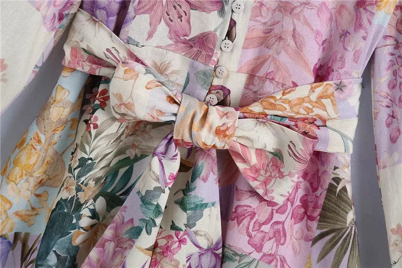 Women Belt Floral Print Mini Dress Vintage Long Sleeve Button-Up Female Dresses Vestidos Mujer
