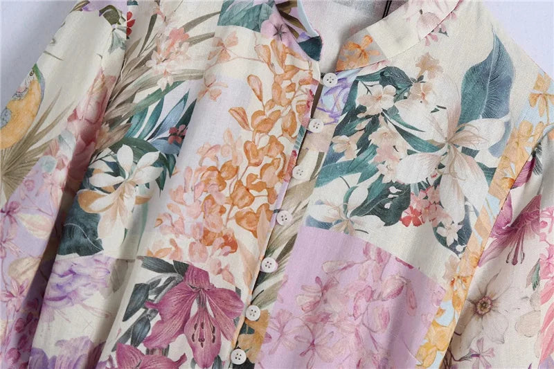 Women Belt Floral Print Mini Dress Vintage Long Sleeve Button-Up Female Dresses Vestidos Mujer