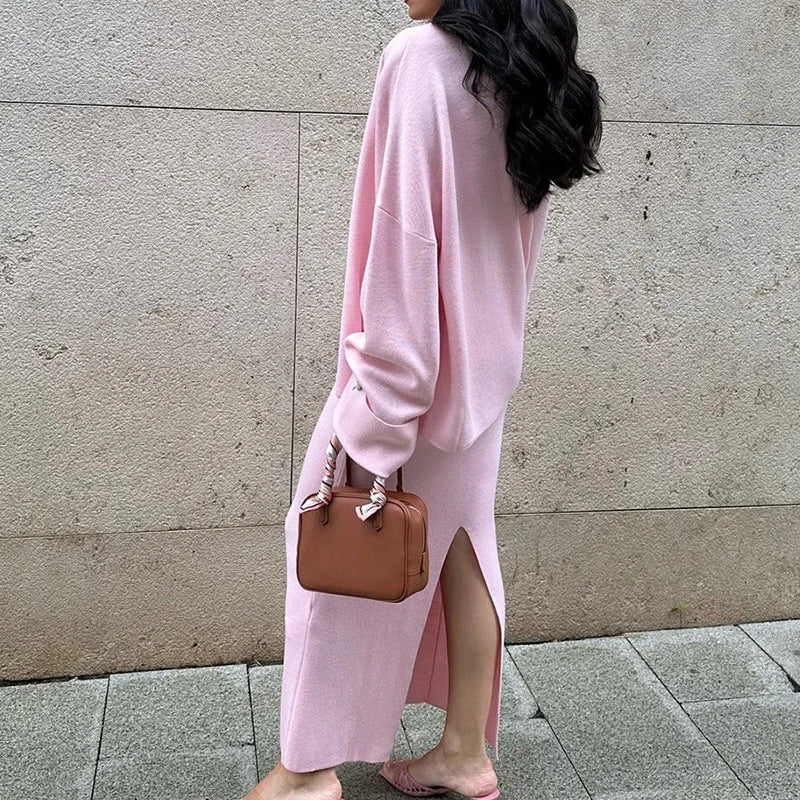 Mode Drei Stück Sets Frauen Outfits Solide Strick Weste Lose Einreiher Langarm Mäntel Winter Chic Maxi Rock Sets