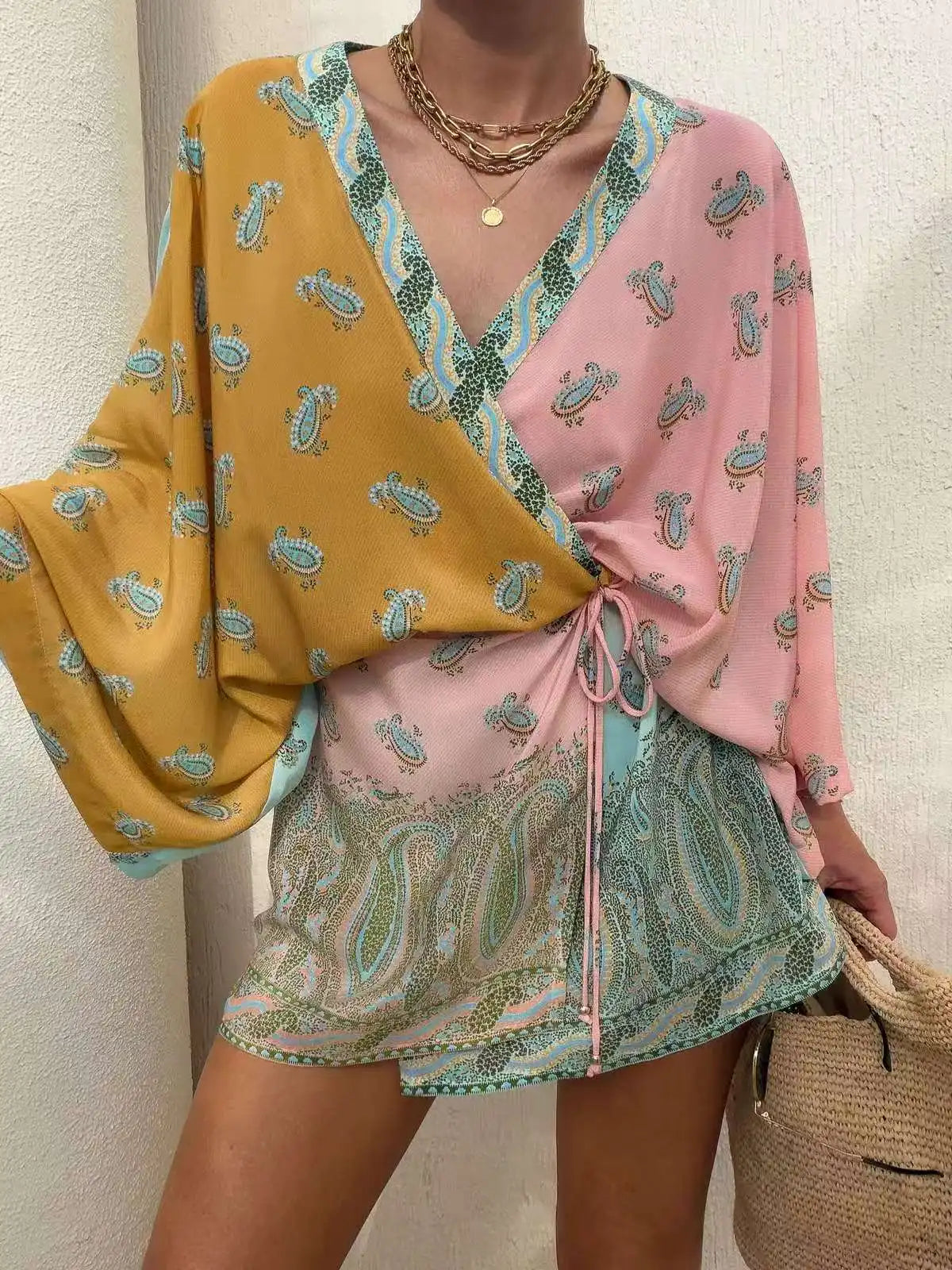 Bohemian Paisley Print Wrap Blouse Women V Neck Kimono Sleeve Self Tie Side Split Tunic Top Summer Beach Cover Up Casual Boho Ho