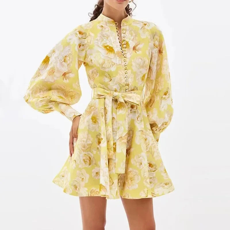 Elegant Floral Print Mini Dress 2025 New Style Stand Collar Single Button Belt Lantern Sleeve Holiday Maxi Skirt Dress