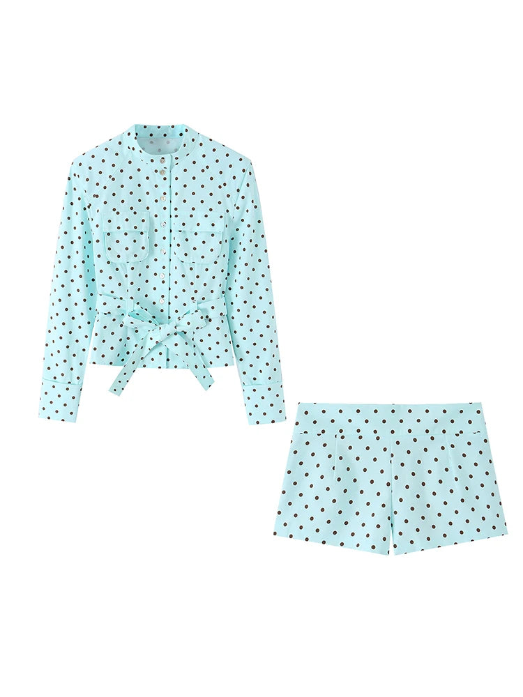 HH 2026 Spring Summer French Polka Dot 2 Piece Set Women Belted Long Sleeve Shirt Shorts Elegant Casual Business Outfit