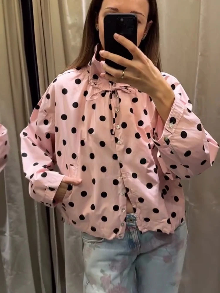 HH Damen Langarm Rosa Gepunktete Jacke Modische Einreihige Hochkragen Kurze Jacke Damen Frühling Lässige High-Street-Jacke