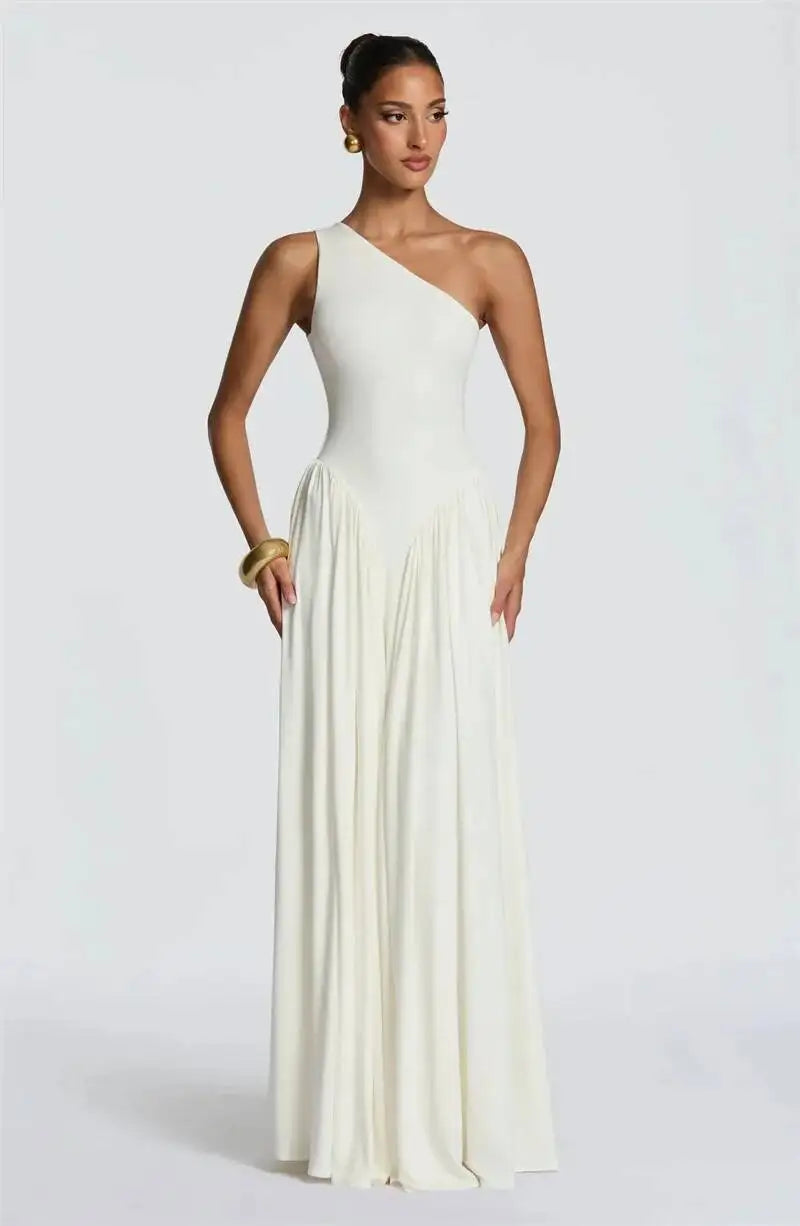 Mozision One Shoulder Backless Sexy Maxi Dress Women Elegant Diagonal Collar Sleeveless Bodycon Pleated Club Party Long Dresses