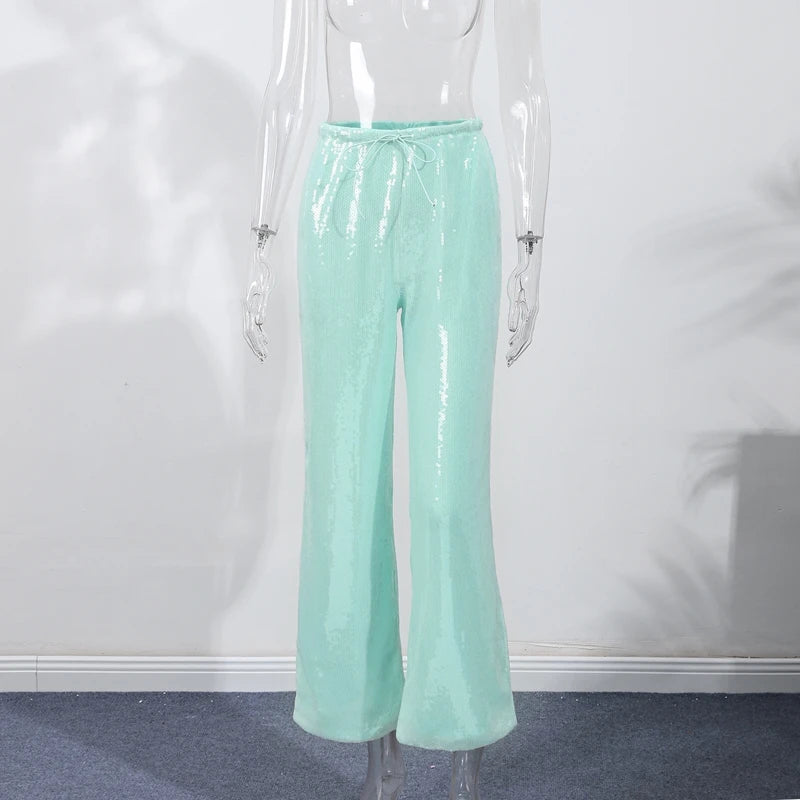 Fashion Sequin Loose Pants Women Solid Drawstring High Waist Wide Leg Trousers Female 2026 Fashion Summer Shinny Bottom Lady