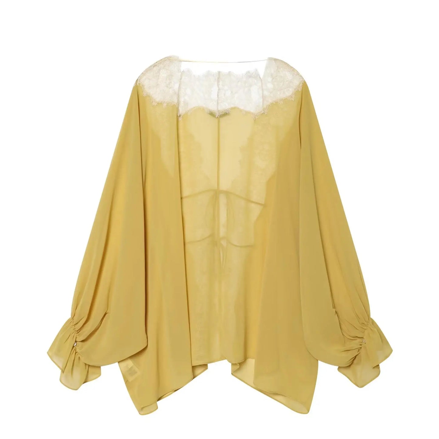 TFMLN Women Lace Patchwork Lantern Long Sleeve Shirt Top Tie-up Loose Sheer Blouse Elegant Irregular High Street Fashion Lady