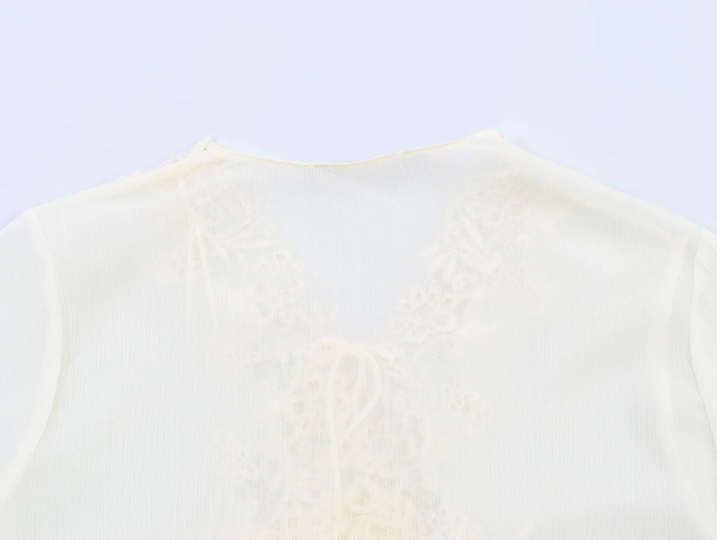 TFMLN New Women Blouse Fashionable Flare Sleeve Lace Spliced Semi-Sheer Cardigan Lace Up Tops Elegant Ruffled V Neck Shirt