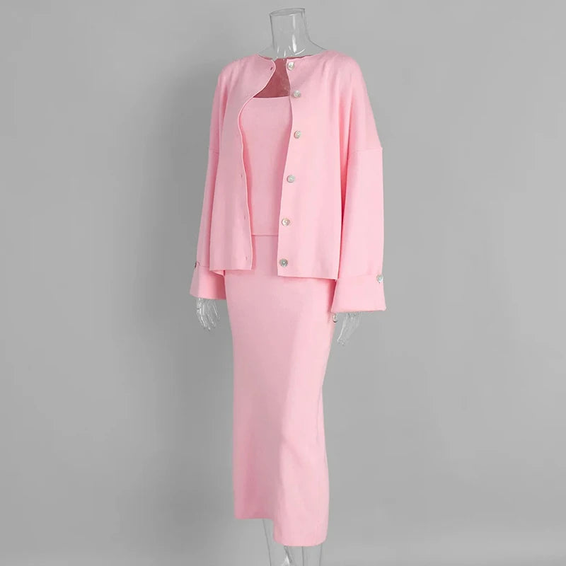 Mode Drei Stück Sets Frauen Outfits Solide Strick Weste Lose Einreiher Langarm Mäntel Winter Chic Maxi Rock Sets