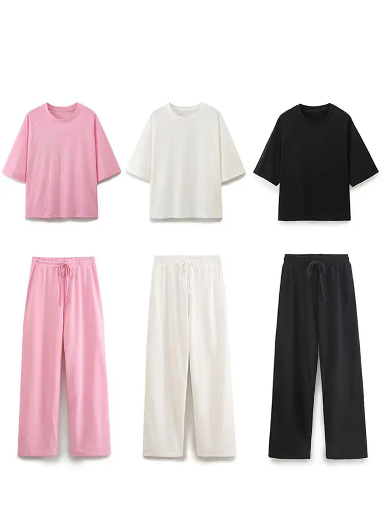 HH Sommer Frauen Casual T-shirt Hose Sets Elegante Rosa O Hals Kurzarm T-Shirt + Kordelzug Lose Hosen Frühling Anzug
