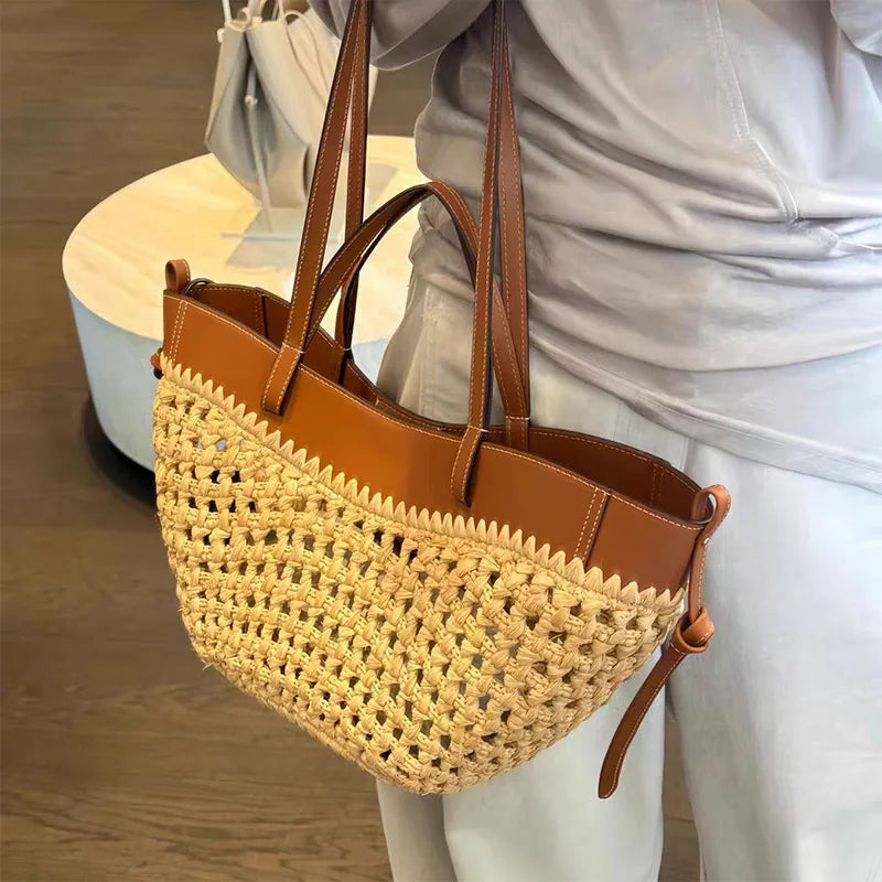 Women Straw 2in1 Woven Bag Fashion Plush Wings Armpit Bag Large Capacity Dumpling Straw Shoulder Bag For Summer Beach Bucket Bag