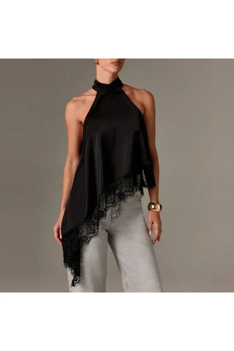 LUNA - Satin Lace Neckholder Top – Elegantes Abend Crop Top