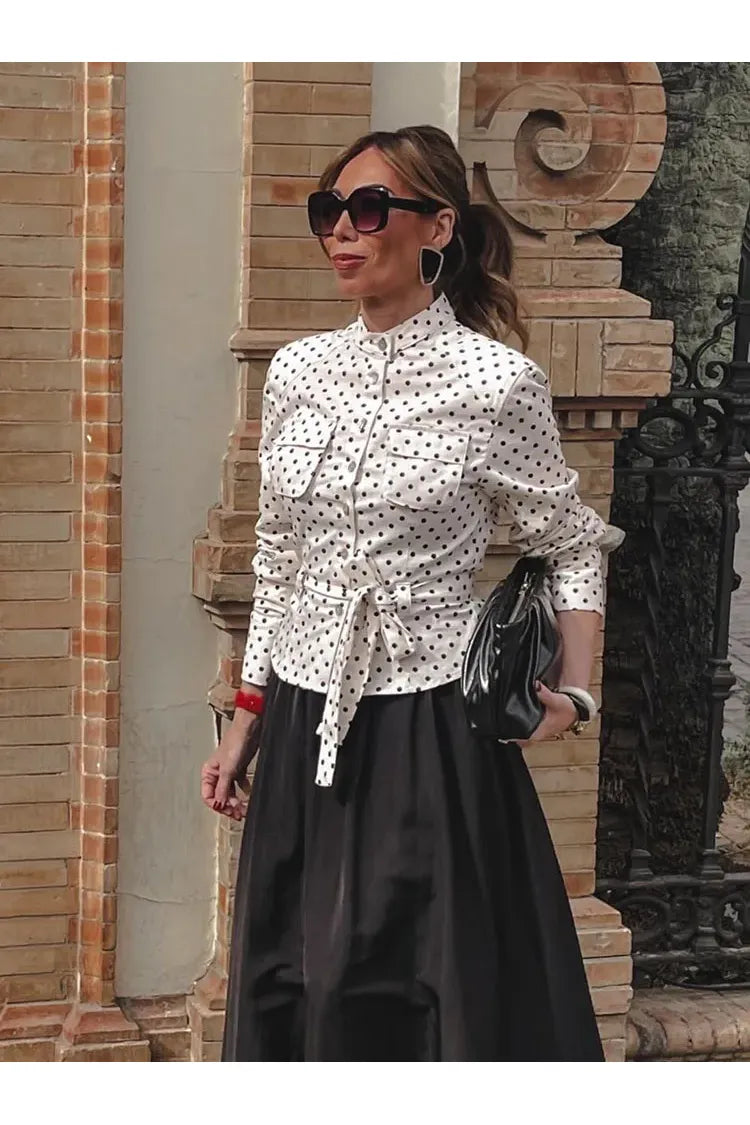 HH Damen Mode Einreihige Jacke mit Taschen und Gürtel-Dekoration im Polka-Dot-Stil + Hochgeschnittene Reißverschluss-Caprihose 2-teiliges Set