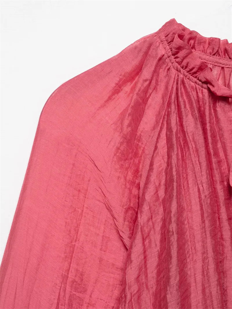 2025 Summer Women Red Folds Shirt Skirts Sets Lace Up Long Sleeves Shirts+High Waist Pleated Skirt Fashion Lady Outfits