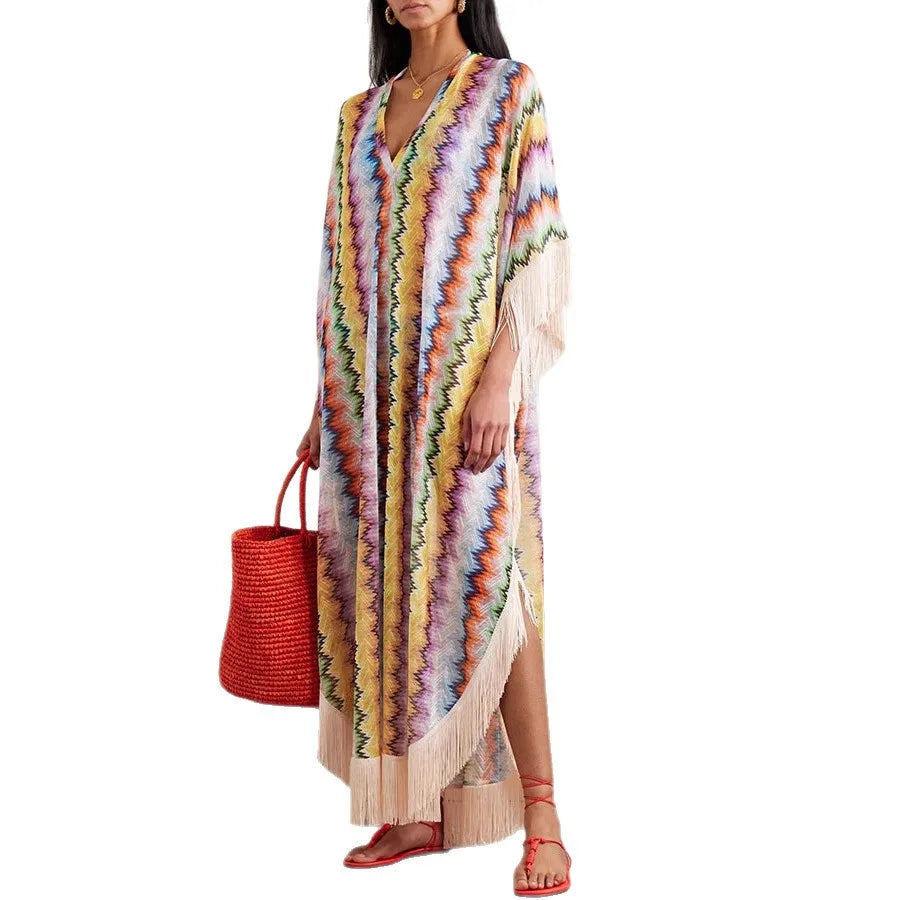 Bohemian Wave Print Long Dresses Women Fashion Casual Vacation Style Irregular V-neck Loose Dress Tassel Patchwork Beach Vestido