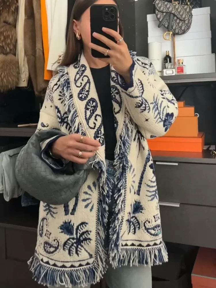 Frauen Quaste Patchwork Gedruckt Strickjacke Mode V-ausschnitt Langarm Lose Strickwaren Dame Herbst Pendeln Straße Strickjacken