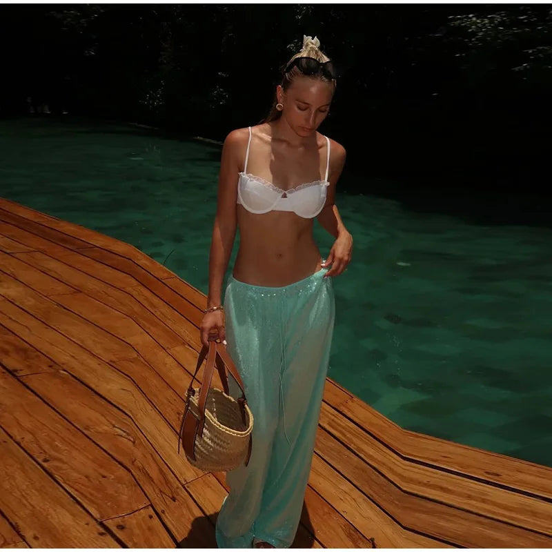 Fashion Sequin Loose Pants Women Solid Drawstring High Waist Wide Leg Trousers Female 2026 Fashion Summer Shinny Bottom Lady