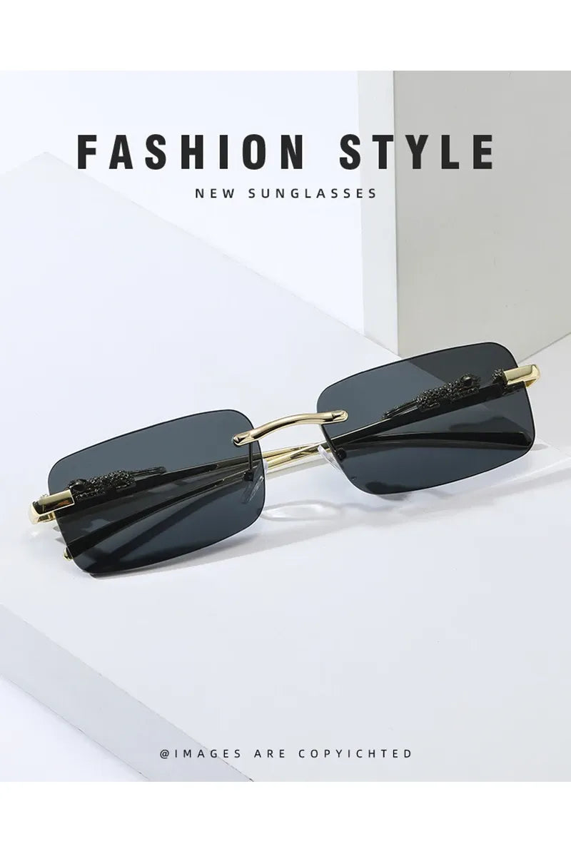 Klassische randlose Sonnenbrille für Herren und Damen, modisch, Leoparden-Dekoration, kleine Sonnenbrille, stilvoll, rahmenlos, zum Fahren, Reisen