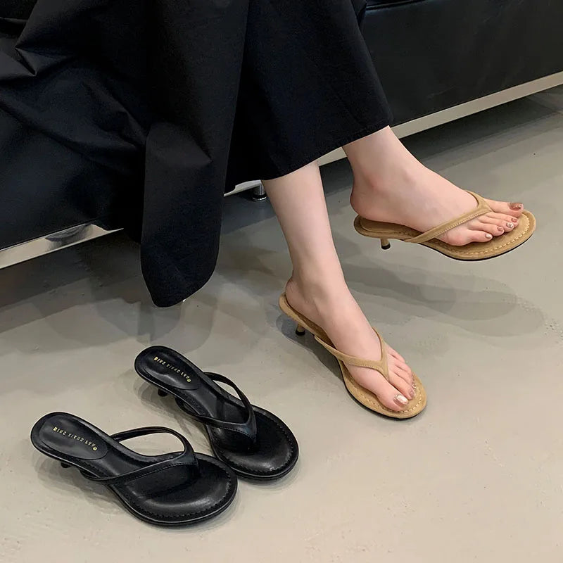 Fashion Round Toe Non-Slip Women Thin Heels Slippers Slides Female Flip flops Sandals Pumps Comfort Ladies Heeled Slippers Shoes