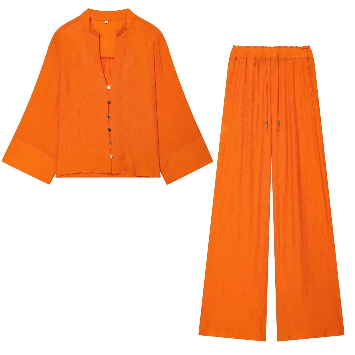 Loose Long Sleeve V-Neck Shirt Elastic Waist High Waist Wide Leg Pants Set Women's Casual Comfortable Polyester Spring Summer