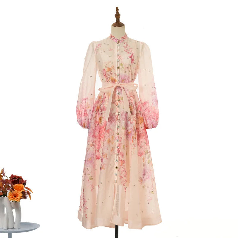 Spring Summer 2026 New Style Long Skirt Dress Women's Maxi Dress Diamond Floral Print High Waist Long Sleeve Street Style Ele...