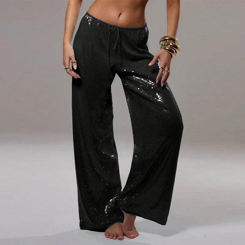 Fashion Sequin Loose Pants Women Solid Drawstring High Waist Wide Leg Trousers Female 2026 Fashion Summer Shinny Bottom Lady