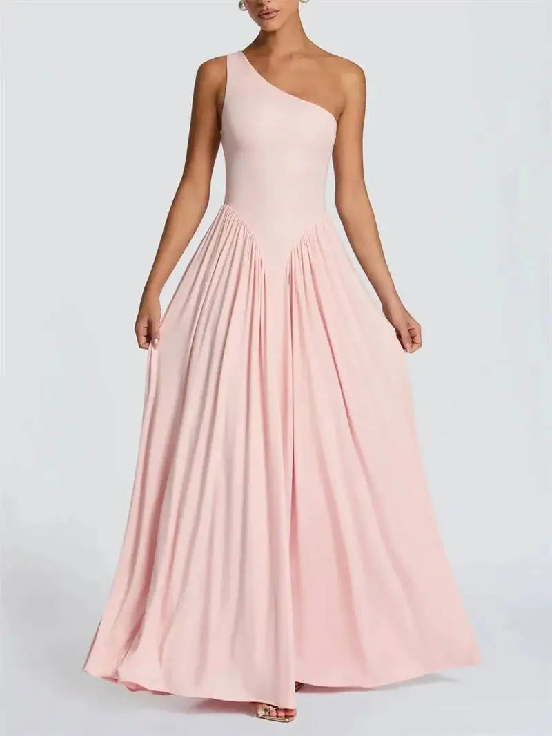 Mozision One Shoulder Backless Sexy Maxi Dress Women Elegant Diagonal Collar Sleeveless Bodycon Pleated Club Party Long Dresses