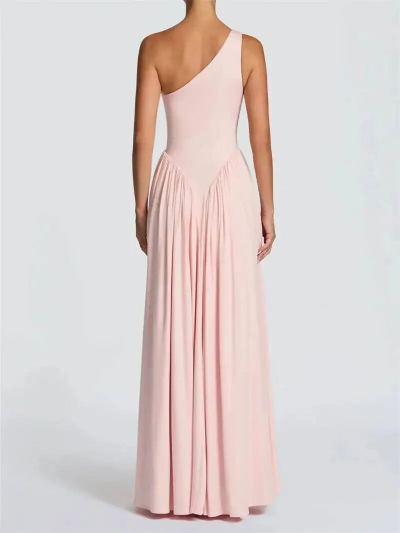 Mozision One Shoulder Backless Sexy Maxi Dress Women Elegant Diagonal Collar Sleeveless Bodycon Pleated Club Party Long Dresses