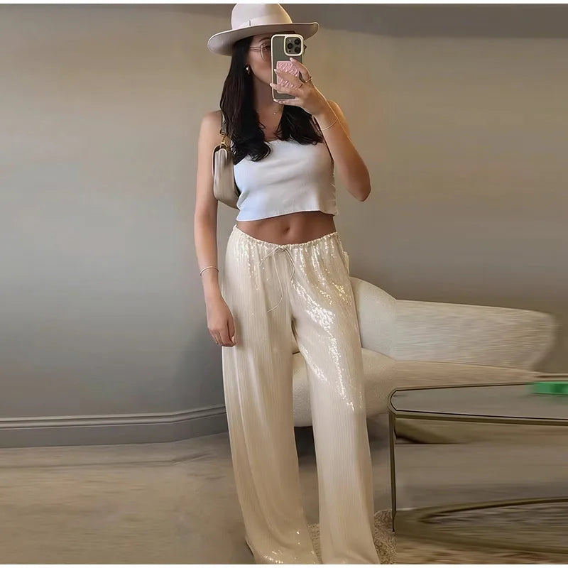 Fashion Sequin Loose Pants Women Solid Drawstring High Waist Wide Leg Trousers Female 2026 Fashion Summer Shinny Bottom Lady