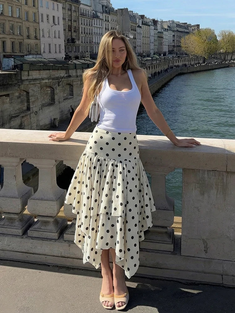 HH Elegant Summer Women Polka Dot Midi Skirt 2026 High Waist Irregular Hem Flowy Ruffle Skirt Beach Vacation Office Party Casual