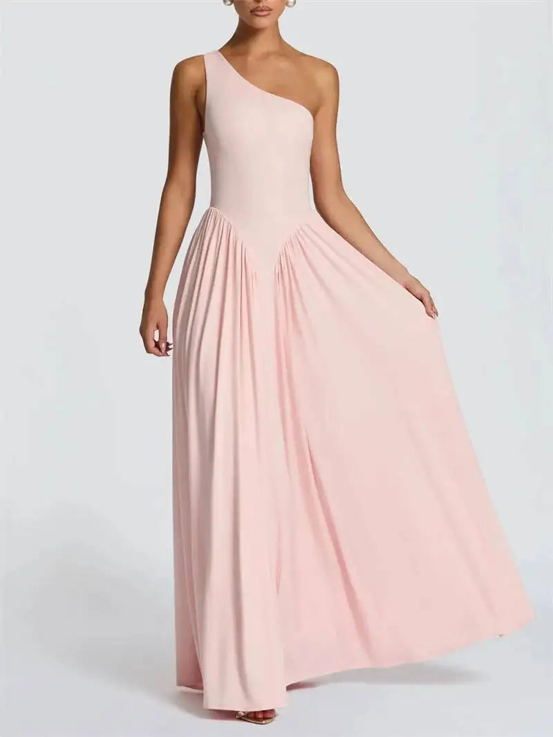 Mozision One Shoulder Backless Sexy Maxi Dress Women Elegant Diagonal Collar Sleeveless Bodycon Pleated Club Party Long Dresses